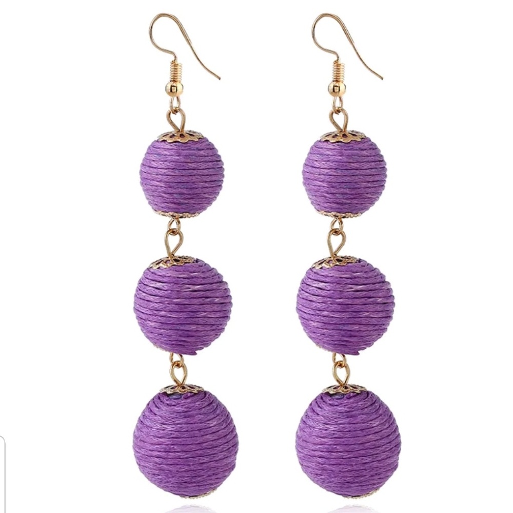 Bohemian Triple Ball Tassel Earrings Purple